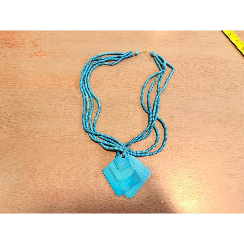 Vintage Turquoise Blue Multi Strand Beaded Necklace Geometric Square Pendant